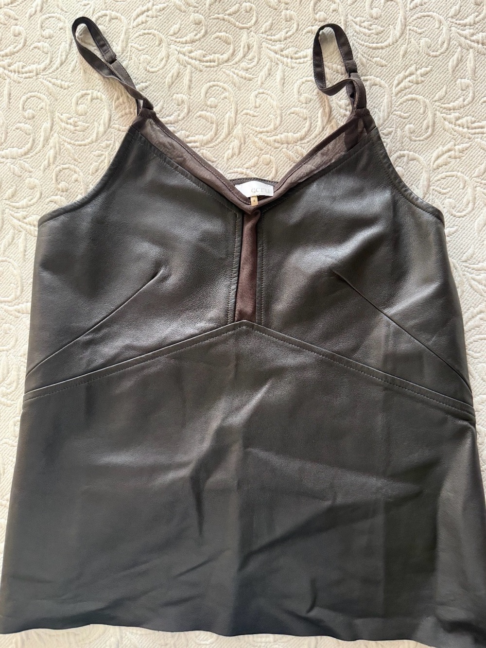 ecru Black Leather Slip Cami with V-Neck